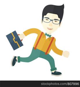 A japanese worker with briefcase is late to Work. A contemporary style with pastel palette soft blue tinted background. Vector flat design illustration. Square layout. . Japanese Worker with briefcase is running.