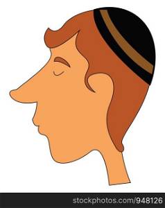 A jewish guy with long nose wearing a round jewish cap over his head, vector, color drawing or illustration.