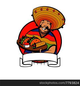 A Jolly Mexican wearing a striped poncho and a big Mexican hat holds a tray of traditional Mexican food. Tacos, burrito. Vector logo of Mexican restaurant.