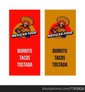 A Jolly Mexican wearing a striped poncho and a big Mexican hat holds a tray of traditional Mexican food. Tacos, burrito. The menu layout. Vector logo of Mexican restaurant.
