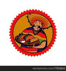 A Jolly Mexican wearing a striped poncho and a big Mexican hat holds a tray of traditional Mexican food. Tacos, burrito. Vector logo of Mexican restaurant.
