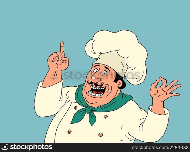 A joyful Italian male chef indicates a gesture, advertisement and presentation. Restaurant employee. Comic cartoon modern style hand contour illustration. A joyful Italian male chef indicates a gesture, advertisement and presentation. Restaurant employee
