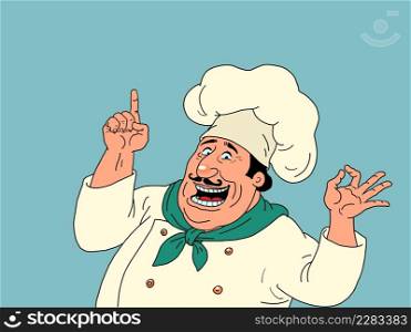 A joyful Italian male chef indicates a gesture, advertisement and presentation. Restaurant employee. Comic cartoon modern style hand contour illustration. A joyful Italian male chef indicates a gesture, advertisement and presentation. Restaurant employee