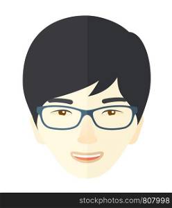A joyful japanese boy face wearing eyeglasses. A Contemporary style. Vector flat design illustration isolated white background. Square layout. Joyful japanese boy.