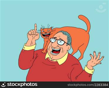 A joyful man and a cat on the neck of the owner. Pets. Fluffy Companion. Comic cartoon modern style hand contour illustration. A joyful man and a cat on the neck of the owner. Pets. Fluffy Companion