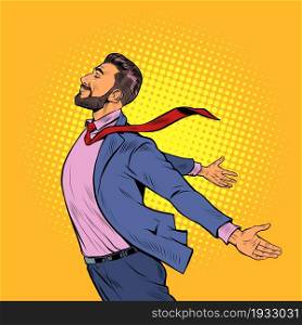 a joyful man stands in the wind, opened his hands to the elements. Strong leader businessman. Pop Art Retro Vector Illustration Kitsch Vintage 50s 60s Style. a joyful man stands in the wind, opened his hands to the elements. Strong leader businessman