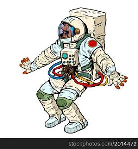 A joyful surprised astronaut, Human positive emotions. Funny pose. Pop art Retro vector illustration 50e 60 style. A joyful surprised astronaut, Human positive emotions. Funny pose