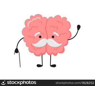 A kawaii old brain character with a gray mustache and walking stick. Symbol of alzheimer disease, dementia and other age-related problems. Vector cartoon illustration isolated on white background.. A kawaii old brain character with a gray mustache and walking stick. Symbol of alzheimer disease, dementia and other age-related problems. Vector cartoon illustration isolated on white background