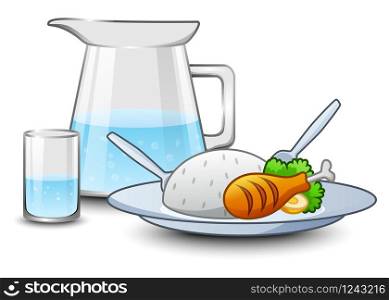 A kettle of water with rice and chicken meat in front of it