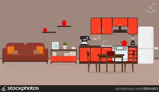 a kitchen with sofa table and shelves apartment interior. kitchen with sofa table and shelves apartment interior