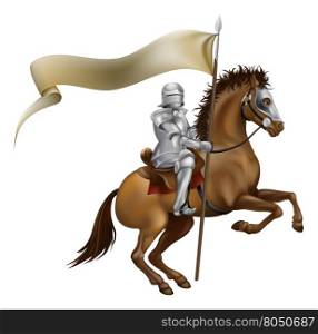 A knight with spear and banner mounted on a powerful horse
