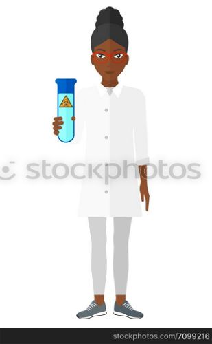 A laboratory assistant holding a test tube with biohazard sign on it vector flat design illustration isolated on white background. . Laboratory assistant with test tube.