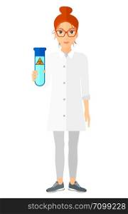 A laboratory assistant holding a test tube with biohazard sign on it vector flat design illustration isolated on white background. Vertical layout.. Laboratory assistant with test tube.