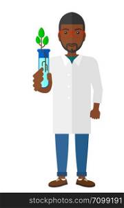 A laboratory assistant holding a test tube with growing plant in it vector flat design illustration isolated on white background. . Laboratory assistant with test tube.