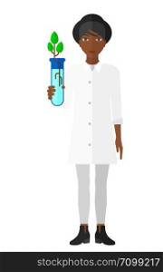 A laboratory assistant holding a test tube with growing plant in it vector flat design illustration isolated on white background. . Laboratory assistant with test tube.