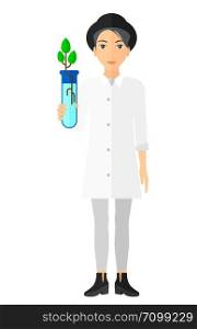 A laboratory assistant holding a test tube with growing plant in it vector flat design illustration isolated on white background. Vertical layout.. Laboratory assistant with test tube.