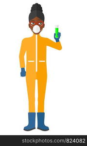 A laboratory assistant in protective chemical suit holding a test-tube in hand vector flat design illustration isolated on white background. . Laboratory assistant with test tube.