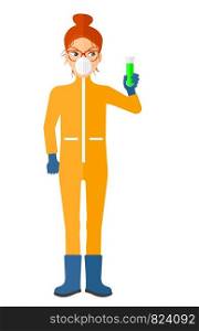 A laboratory assistant in protective chemical suit holding a test-tube in hand vector flat design illustration isolated on white background. Vertical layout.. Laboratory assistant with test tube.