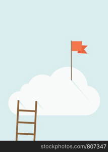 A ladder with red flag on top of the cloud. A contemporary style with pastel palette soft blue tinted background with desaturated clouds. Vector flat design illustration. Vertical layout with text space on top part.. Ladder with red flag on top of the cloud