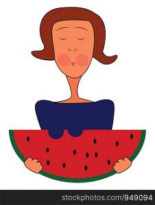 A lady eating a big slice of watermelon, vector, color drawing or illustration.