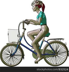 A lady is riding cycle holding handles with hand She wears green cloth and looking pretty and happy It is a healthy daily routine vector color drawing or illustration
