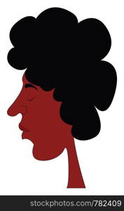 A lady with black, curly, short hair, with eyes and mouth closed, with long neck, vector, color drawing or illustration.