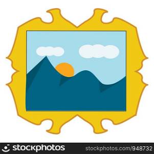 A landscape painting in a gold frame with a sun, mountains, clouds and blue sky, vector, color drawing or illustration.