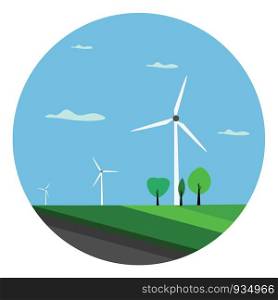 A landscape with few green trees and wind turbines that transforms the kinetic energy in the wind into mechanical power used for grinding grain or pumping water, vector, color drawing or illustration.