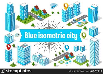 A large blue city of isometric urban objects. A set of urban buildings, skyscrapers, houses, supermarkets, roads and streets.
