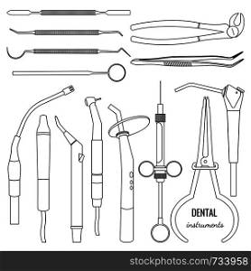 A large collection of dental instruments in a line art. Isolated vector illustration on white background.. A large collection of dental instruments in a line art