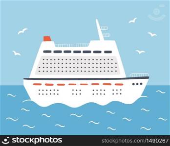 A large cruise ship sails on the sea. Travel on an ocean liner. Hand drawn vector illustration. A large cruise ship sails on the sea. Travel on an ocean liner. Hand drawn vector