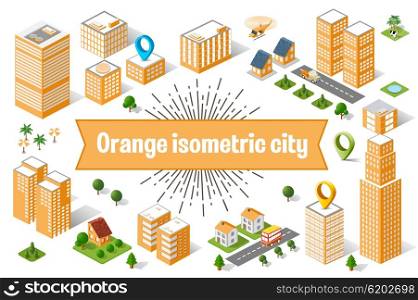 A large orange city of isometric urban objects. A set of urban buildings, skyscrapers, houses, supermarkets, roads and streets.