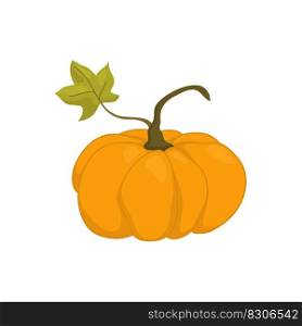 A large orange pumpkin with a leaf is drawn in the style of cartoons. Round pumpkin for harvest festival, icon or sticker