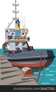 A large powerful black sea tug near the pier against the backdrop of the sea. Vector illustration.. A large marine black tug moored with ropes to the pier.