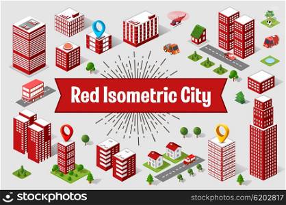 A large red city of isometric urban objects. A set of urban buildings, skyscrapers, houses, supermarkets, roads and streets.