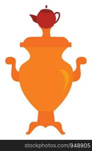 A large samovar with a tea pot on its top, vector, color drawing or illustration.