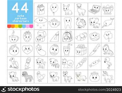 A large set of coloring books for children. Cute cartoon characters. Pages for coloring. Christmas, summer, animals, vegetables, food. Vector illustration isolated on white background.