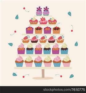 A large set of delicious and beautiful cakes with cream, chocolate and strawberries. Vector illustration on a light background.. A large set of delicious and beautiful cakes. Vector illustration on a light background.