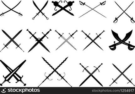 a large set of fourteen crossed diverse silhouettes of medieval swords, dagger swords. black sword set
