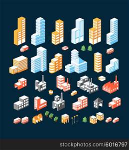 A large set of isometric buildings, buildings and transport.