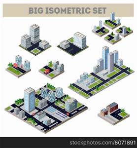 A large set of isometric city map with lots of buildings, skyscrapers, roads and factories