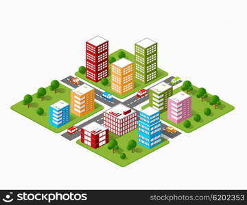 A large set of isometric urban objects. A set of urban buildings, skyscrapers, houses, supermarkets, roads and streets.