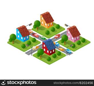 A large set of isometric urban objects. A set of urban buildings, skyscrapers, houses, supermarkets, roads and streets.