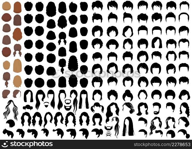A large set of male and female hairstyles and haircuts on a white background, vector illustration, woman and man hair icon, hairstyle silhouette