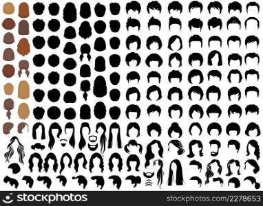 A large set of male and female hairstyles and haircuts on a white background, vector illustration, woman and man hair icon, hairstyle silhouette