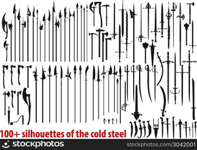 A large set of over a hundred silhouettes of the western and eastern cold steel of the Middle Ages. big set silhouettes of the cold steel. big set silhouettes of the cold steel