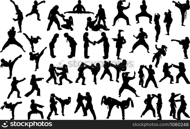 A large set of silhouettes of children of girls and boys practicing karate in different stances during the strike and blocks