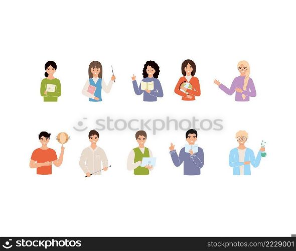A large set of teachers in various subjects. Set of characters for teacher’s day. Vector flat illustration on the theme of school and education.