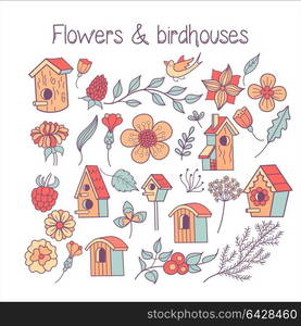 A large set spring clipart. Spring flowers, leaves, branches, birdhouses. Isolated on a white background.