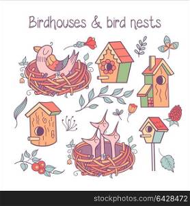 A large set spring clipart. The Chicks in the nest, spring flowers, leaves, branches, birdhouses. Isolated on a white background.